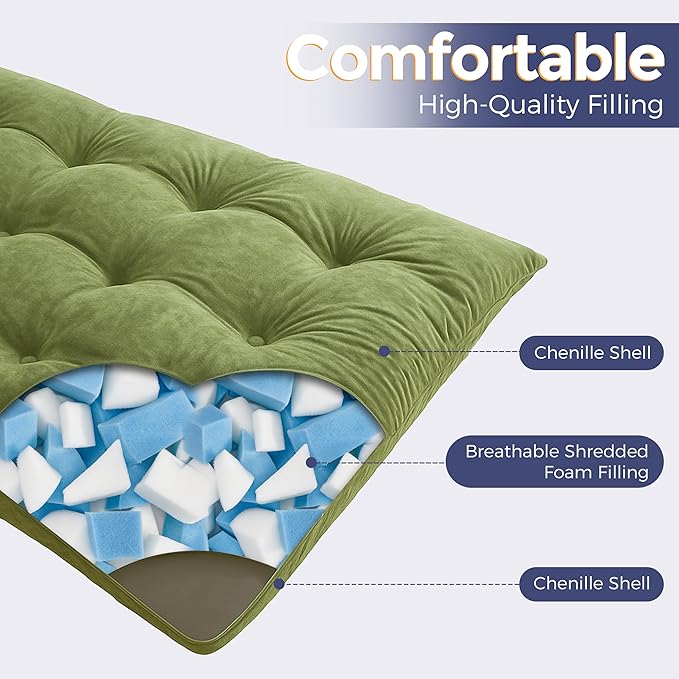 MAXYOYO Japanese Floor Mattress Full Size, 6" Foldable Futon Mattress Tufted Roll Up Floor Bed, Thick Chenille Tatami Mat Sleeping Pad for Camping Guest Room Dormitory Bedroom RV, Green