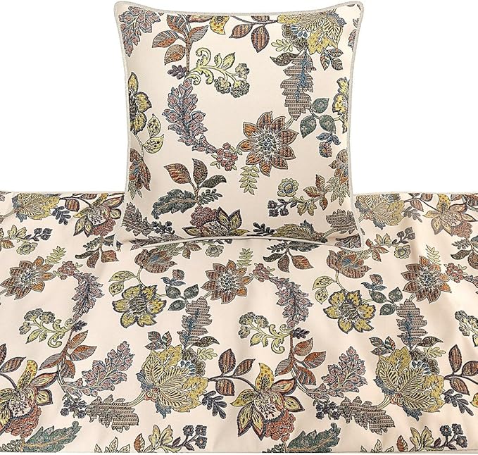 The HomeCentric King Queen Twin Multi Color & Ivory Luxury King 90"x18" Bed Runner with 2 Pillow Cover, Floral Bed Scarf on Jacquard Fabric - Seasons Blossoms