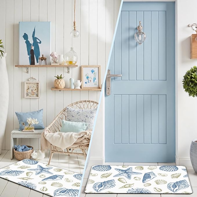Kitchen Mats for Floor Cushioned Anti Fatigue Sets of 2 Beach Theme Kitchen Rugs Non Slip Waterproof Coastal Foam Kitchen Floor Rug Nautical Seashell Comfort Standing Mat for Sink Laundry, Blue