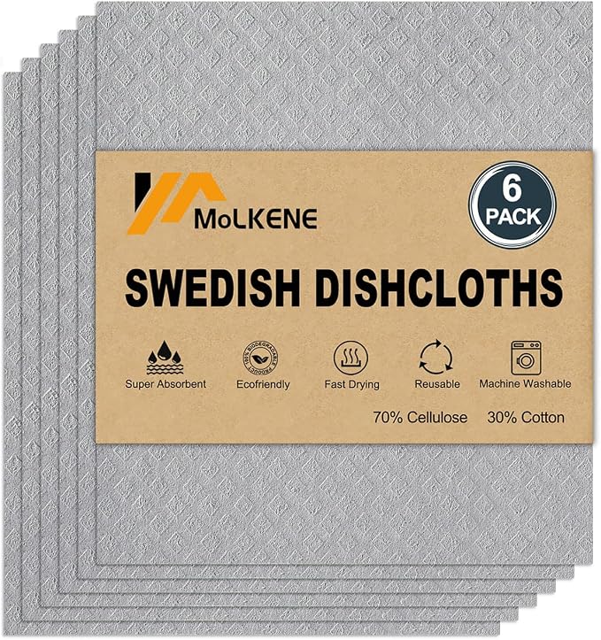 Swedish Dishcloths for Kitchen | 6 Pack Absorbent Cellulose Sponge Cloths by MoLKENE