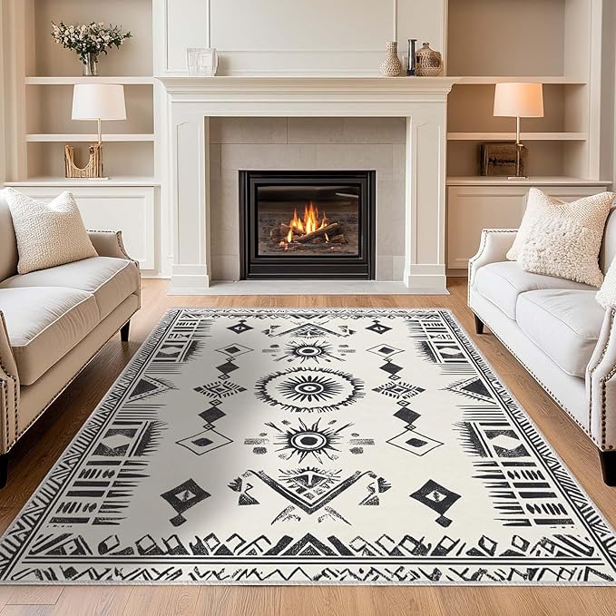 5x7 Western Area Rug Southwestern Tribal Black White Rug Non Slip Low Pile Large Carpet for Home Kitchen Living Room Bedroom Dining Room Office
