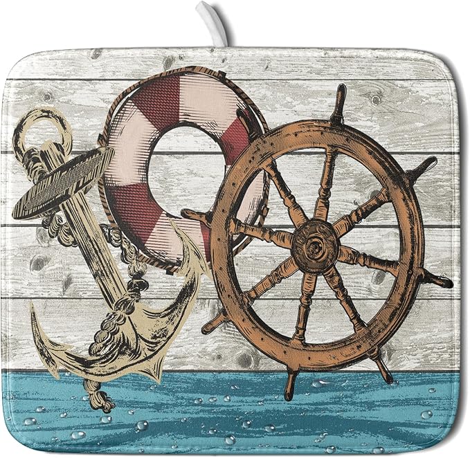 Nautical Anchor Dish Drying Mat 16x18 inch Coastal Boat Fast Dry Microfiber by Giwawa