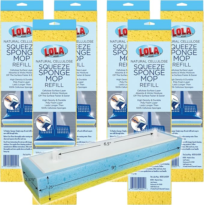 LOLA Squeeze Sponge Mop Refill, 6 Pack, w/Foam & Natural Cellulose Layer by LolaProducts