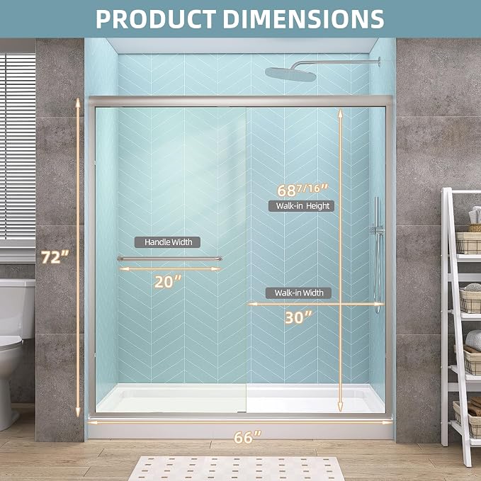 GETPRO Semi-Frameless Shower Door Double Sliding 62-66 in. W x 72 in. H Bypasss - Image 9