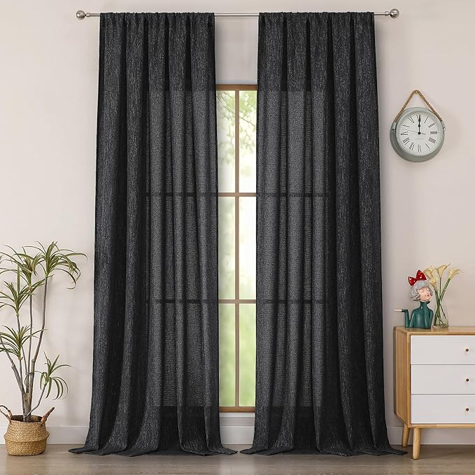 Simplebrand Black Semi Sheer Faux Linen Textured 120 Inches Long Curtains 2 Panels Set, Privacy Farmhouse Window Drapes for Living Room/Birthday Party/Hallway Window Guest Room, 10FT, 50 x 120 Inch