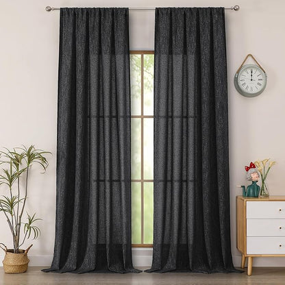 Simplebrand Black Semi Sheer Faux Linen Textured 120 Inches Long Curtains 2 Panels Set, Privacy Farmhouse Window Drapes for Living Room/Birthday Party/Hallway Window Guest Room, 10FT, 50 x 120 Inch