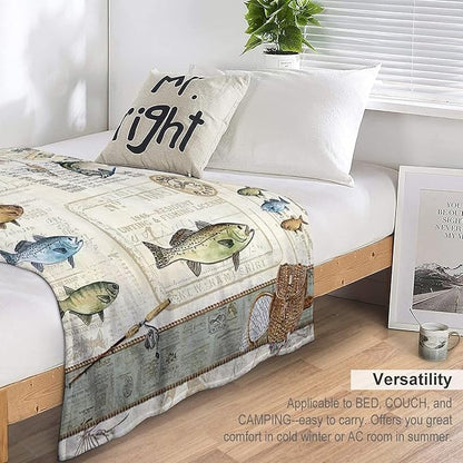Fishing Blanket Fishing Gifts for Men Fish Throw Blanket Fishing Blanket for Kids Adults Soft Warm Cozy Fleece Blanket for Couch Sofa Bed 50"x60"