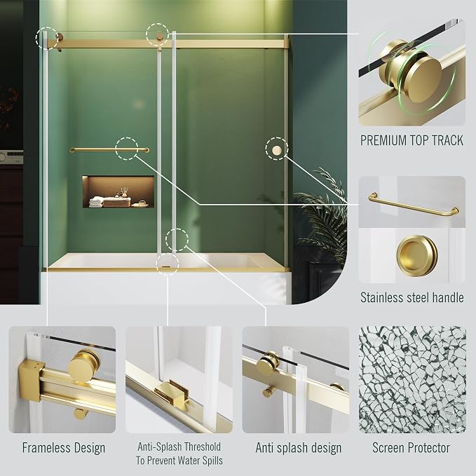 Bathtub Sliding Door 55"-60" W x 56" H Tub Shower Door, Frameless Bypass - Image 3