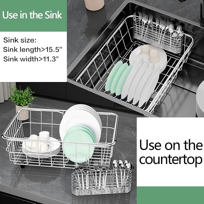 Large Dish Drainer Rack in Sink Adjustable, Expandable 304 Stainless Steel - Image 5