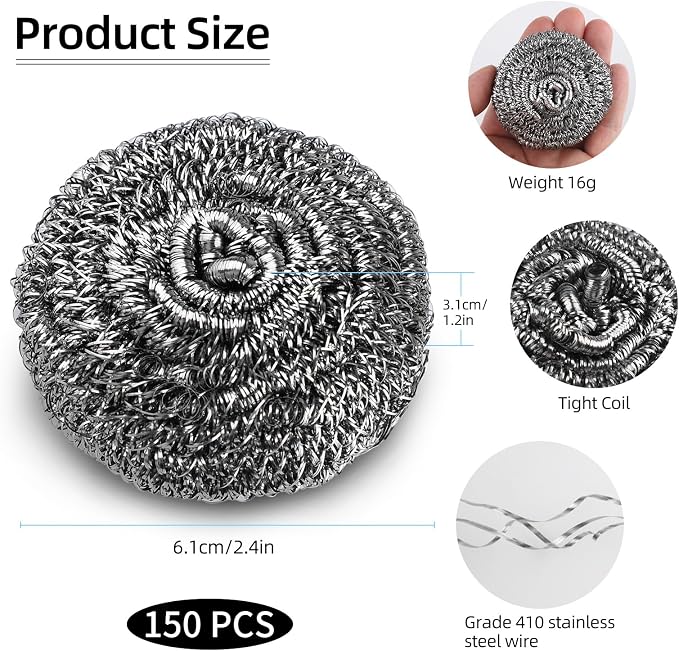 150 Pack Steel Wool Scrubber Pads, Stainless Steel Scrubber, Scrubbing Scouring - Image 2