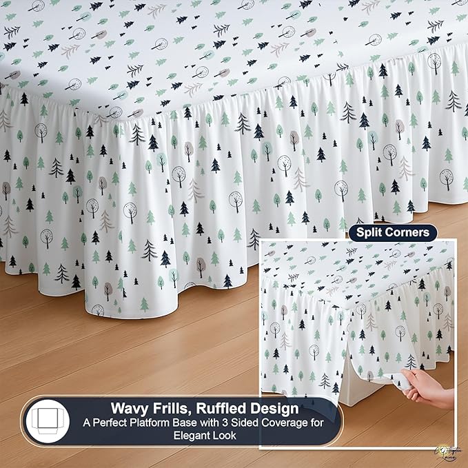 Cottington Lane Ruffled Bed Skirt King Size with Split Corner, Brushed Microfiber Hotel Quality Dust Ruffle, 15 Inch Drop Gathered Bedskirt, Soft, Stylish, Shrink & Fade Resistant, Winter Forest