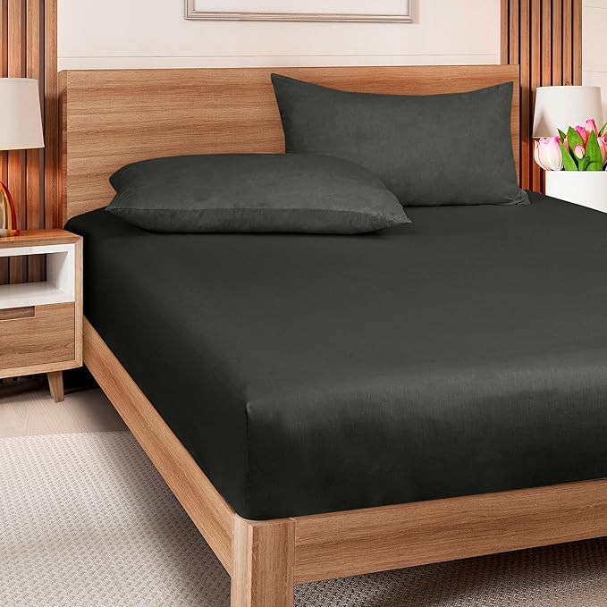 ROYALE LINENS 300 Thread Count 100% Long Staple Combed Cotton Fitted Sheet Twin - Super Soft Deep Pocket Bottom Sheet - Fitted Sheets Only - Elastic Sheets (Twin, Black)