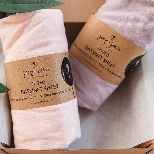 Joey + Joan Bassinet Fitted Sheets 19" x 32" for Cowiewie Bedside Sleeper Bassinet Mattress Pad – Snuggly Soft 100% Jersey Cotton – Pale Pink + Lilac – 2 Pack