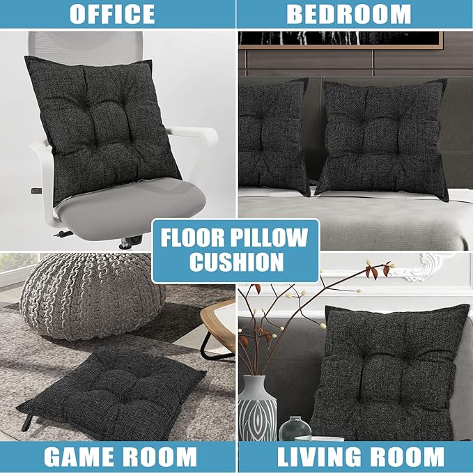 SINSOSSO Large Floor Pillows 22", Thickened Bite-Size Memory Foam Square Non-Slip Cushions for Office Back Support/Yoga/Chair Seat, Fashionable Color-Blocked Fabric & Washable, Black-Gray, 2 PCS