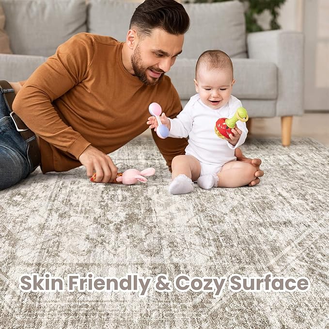 Vintage Living Room Area Rug 8x10 - Large Soft Washable Oriental Traditional Distressed Farmhouse Rugs for Bedroom - Indoor Floor Accent Carpet for Home Office House Decor - Distressed Light Brown