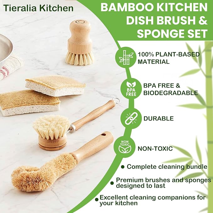 Tieralia Bamboo Dish Brush Gift Set – 5-Piece Kitchen Cleaning Set - Image 7