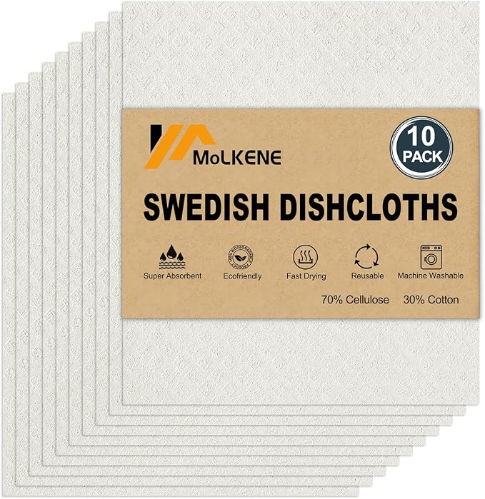 Swedish Dishcloths for Kitchen | 10 Pack Absorbent Cellulose Sponge Cloths by MoLKENE