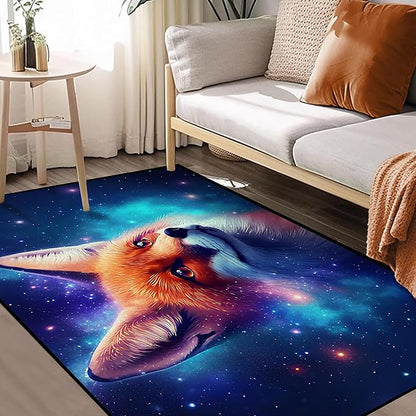 Galaxy Fox Rug 3D Cute Foxes Area Rugs for Bedroom Living Room Playroom Boys Kids Cartoon Colorful Carpet Glitter Stars Throw Rugs Floor Mat 63 in x 31 in