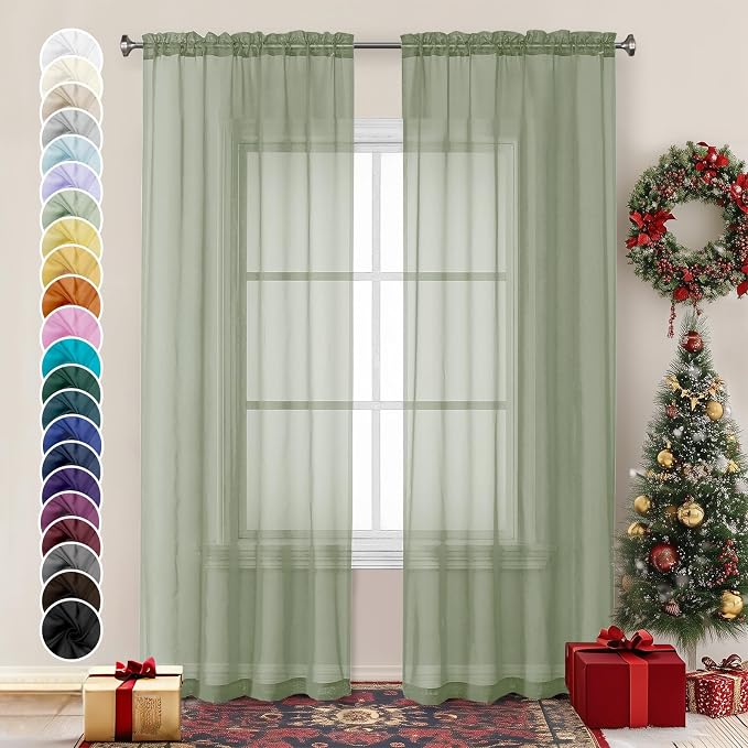 Chyhomenyc Sage Green Sheer Curtains 84 inches Long 2 Panels, Light Filtering by Chyhomenyc