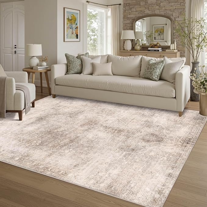 Vintage 5x7 Beige Brown Rug, Washable Neutral Area Rugs - Image 4