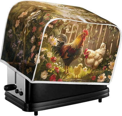 Chicken Rooster Flower Toaster Cover 4 Slice Wide Slot, Washable Kitchen Appliance Cover Dust Resistant Protector for Home, Toaster Protector Kitchen Accessories