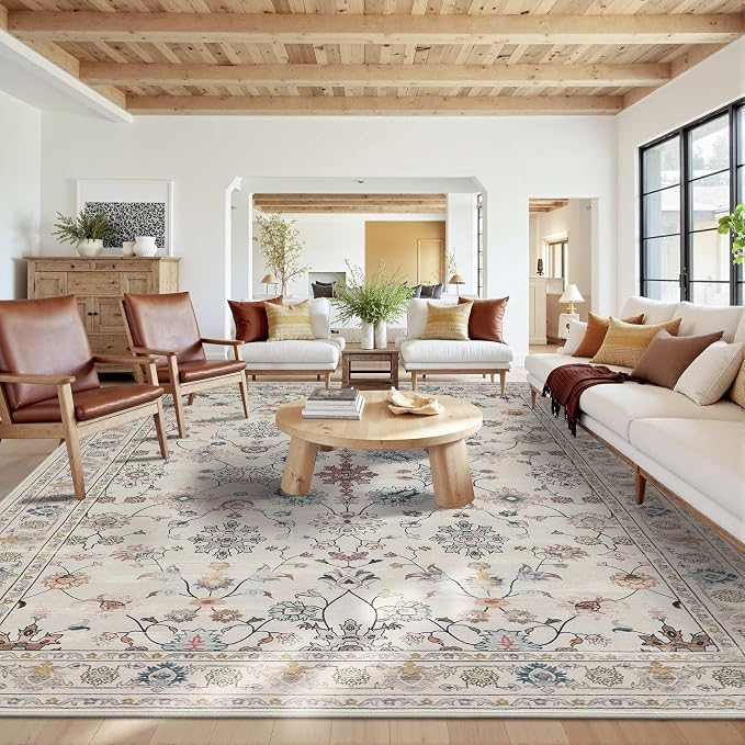 10x14 Rugs for Living Room & Bedroom, Floral Washable Rug, Boho Area Rug by Rugxara