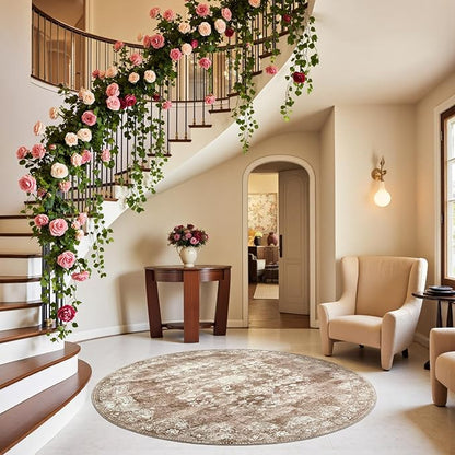 jinchan Round Rug 5ft Area Rug - Brown Vintage Floor Mat Kitchen Indoor - Washable Circle 5' Thin Floral Print Carpet Retro Farmhouse Non Slip Dining Room Living Room Bedroom Office