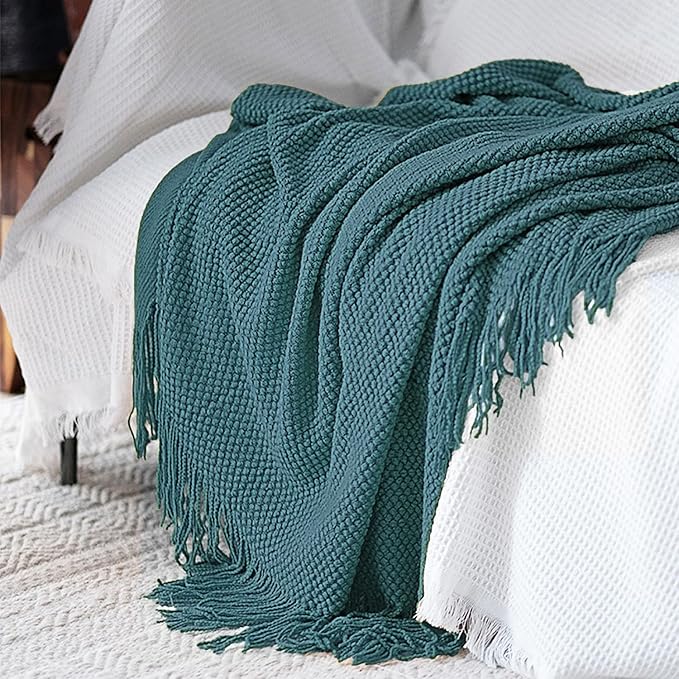 LOMAO Knitted Throw Blanket with Tassels Bubble Textured Lightweight Throws for Couch Cover Home Decor (Teal, 60x80)
