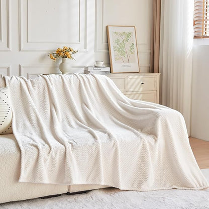 NEWCOSPLAY Super Soft Queen Blanket Ivory Premium Silky Flannel Fleece Leaves Pattern Lightweight Bed Blanket All Season Use (Ivory, Queen(90"x90"))