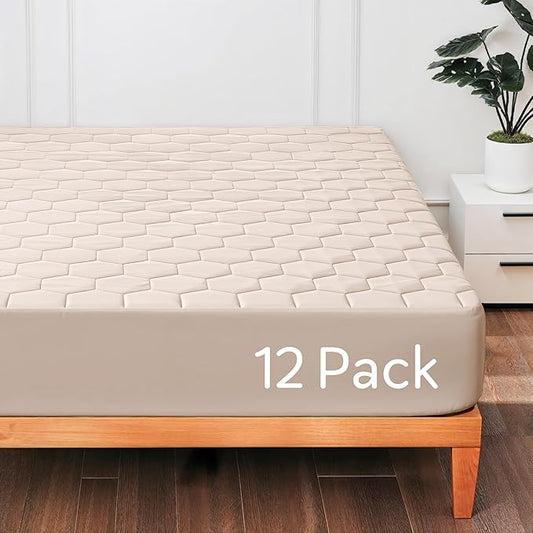 Hearth & Harbor 12 Pack Twin XL Size Quilted Fitted Mattress Pad Cover, 100% Waterproof Mattress Protectors, College Dorm Room Essentials, Deep Pocket Fitted Mattress Cover 8" - 21", Beige Cream