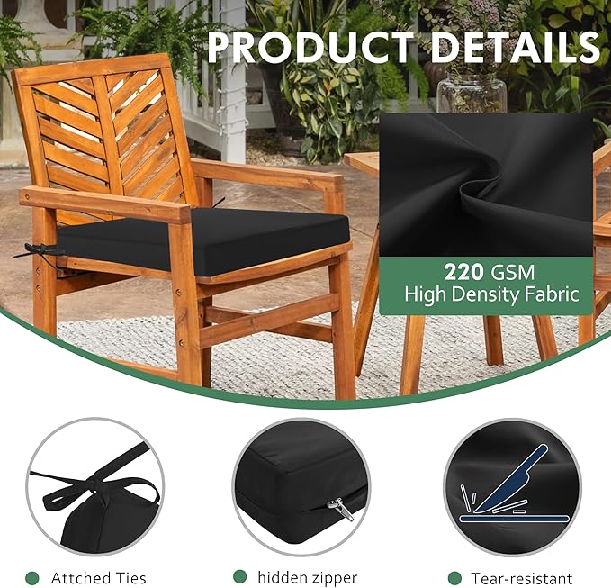 Outdoor Chair Cushions Set of 2: Waterproof & Fade Resistant Deep Seat Cushion for Patio Furniture - 24 x 24 x 3 Inch Chair Pads with Ties and Hidden Zipper - Patio Chair Cushion Replacement, Black