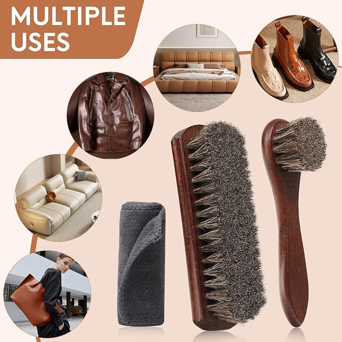 3pcs 100% Horse Hair Shoe Brush Kit Shoe Shine Kit Beech Wood Leather Care Set - Image 8