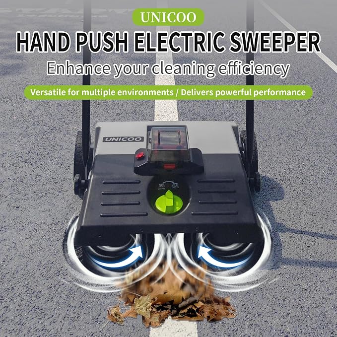 UNICOO® Electric Hand Push Floor Sweeper – Battery Powered Walk-Behind Sweeper - Image 2