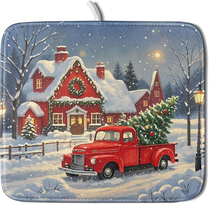 Christmas Dish Drying Mat for Kitchen Counter 16x18 Red Truck Winter Xmas Snow by Aytipun