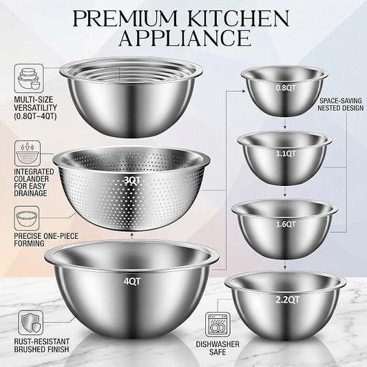 DUTZUN Heavy-Duty Stainless Steel Mixing Bowls Set of 5 plus 3QT Colander - Image 2