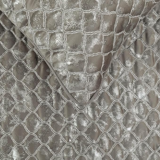 The HomeCentric King/Queen/Twin Grey & Silver Designer Twin 53"x18" Bed Runner with Pillow Cover, Quilted, Foil & Trellis Bed Scarf on Silk Fabric - Jumanah
