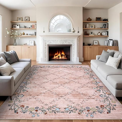 GarveeHome 5x7 Washable Floral Area Rugs for Living Room: Modern Floral Non Slip Large Area Rugs for Bedroom, Large Machine Washable Living Room Low Pile Carpet with Non-Slip Backing Pink 5 ft x7 ft.