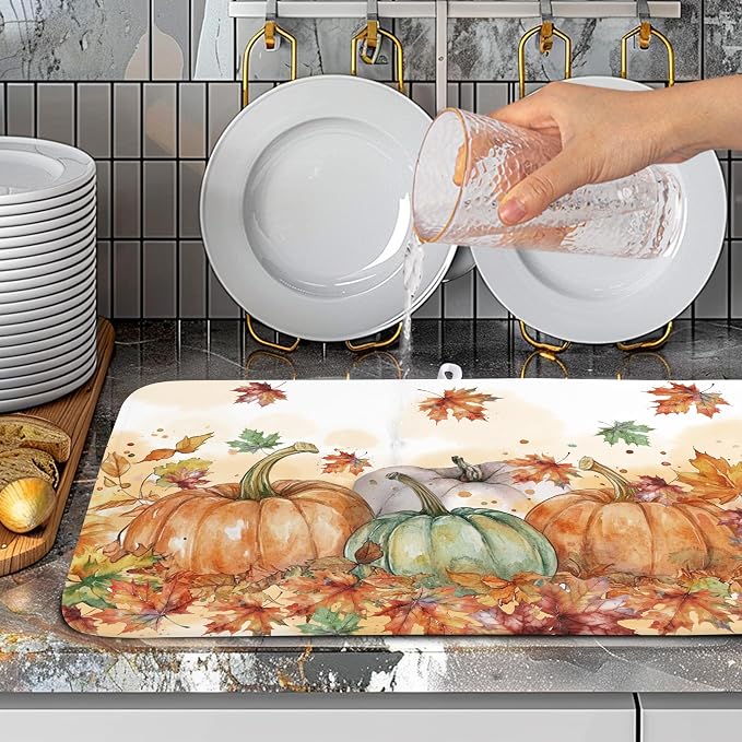 Fall Dish Drying Mat for Kitchen Counter 18×24 Inch Orange Pumpkin Drainer Pad - Image 3