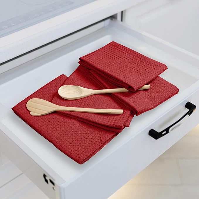 Red Waffle Kitchen Towels, 16x26 Inch, 100% Cotton, Quick Drying, Machine - Image 4