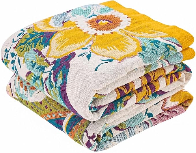 Farmhouse Throw Blanket, 80"x 90" Boho Throw Blankets for Couch Cover, 100% Cotton Bohemian Vintage Quilt for All Seasons Reversible Florals Lightweight Picnic Blankets Home Decoration