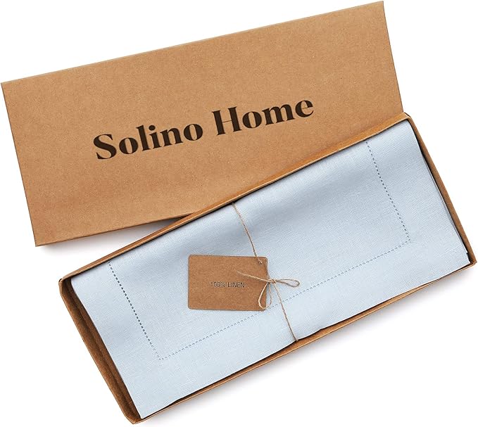 Solino Home Linen Light Blue Table Runner 48 Inches - Classic Hemstitch, 100% Pure Linen Coffee Table Runner 14 x 48 Inch Ideal for Dresser Tables, Christmas, New Year