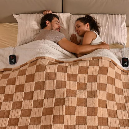 Bearhug Heated Blanket King Size 100" x 90" Dual Controller Electric Blanket, Reversible Brown Plaid Sherpa Heating Blanket, 10-Heat Levels & 1-12H Auto Off, ETL, Machine Washable