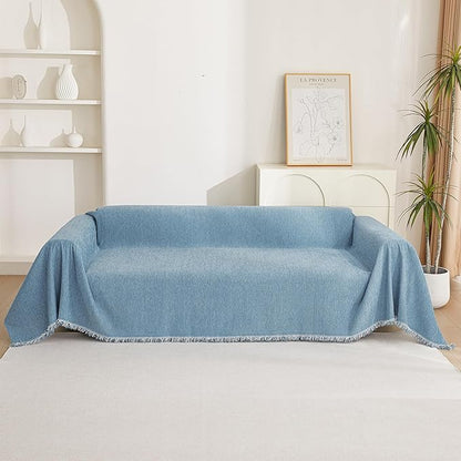 MYSKY HOME Chenille Couch Cover, Sofa Slipcover for 2-3 Cushion Sectional Couch, Machine Washable Soft Furniture Protector with Tassels, Futon Sofa Covers, Throw for Dogs, Kids 71" x 150", Blue