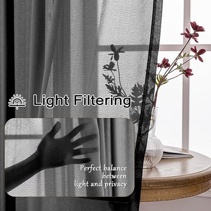 MAIHER Black Pleated Sheer Curtains 90 Inch Length for Bedroom Soft Touch Light Filtering Lightweight Pinched Pleated Drapes with Adjustable Hooks for Living Room, Black, 42" W x 90" L, 2 Panels
