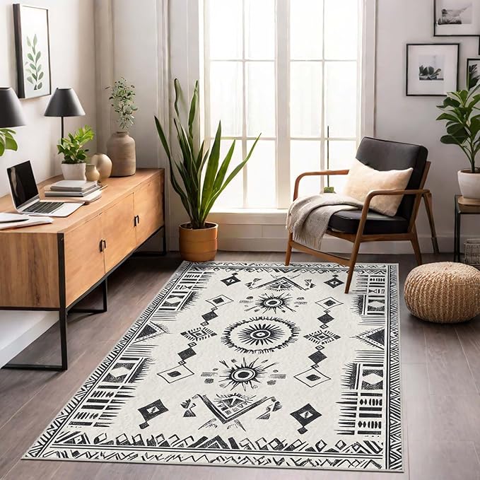 5x7 Western Area Rug Southwestern Tribal Black White Rug Non Slip Low Pile Large Carpet for Home Kitchen Living Room Bedroom Dining Room Office