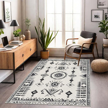 5x7 Western Area Rug Southwestern Tribal Black White Rug Non Slip Low Pile Large Carpet for Home Kitchen Living Room Bedroom Dining Room Office