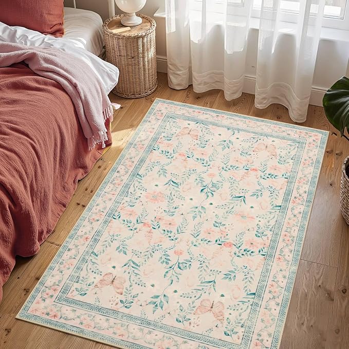 Floral Entryway Rug, 3x5 Washable Area Rug, Non Slip Low Pile Small Carpet - Image 2