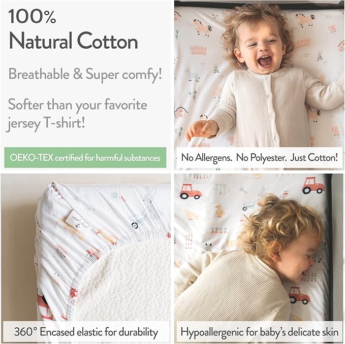 Bassinet Fitted Sheets Compatible with Dream on Me Traveler Portable Bassinet & Skylar, Seashell Bedside Sleeper – Snuggly Soft 100% Jersey Cotton – Farm Animals – 2 Pack