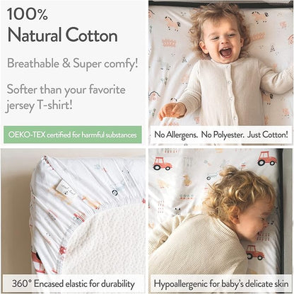 Bassinet Fitted Sheets Compatible with Dream on Me Traveler Portable Bassinet & Skylar, Seashell Bedside Sleeper – Snuggly Soft 100% Jersey Cotton – Farm Animals – 2 Pack