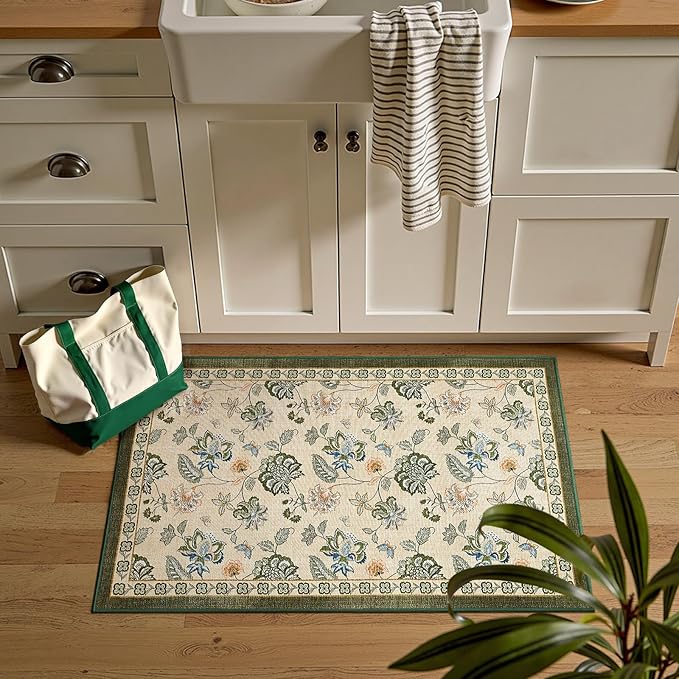 jinchan Elora 2x3 Floral Rug for Entryway Washable Rug Vintage Romance Design Christmas Small Mat Non Slip Indoor Doormat Lightweight Low-Profile Throw Carpet for Bathroom Laundry Room, Green/Beige